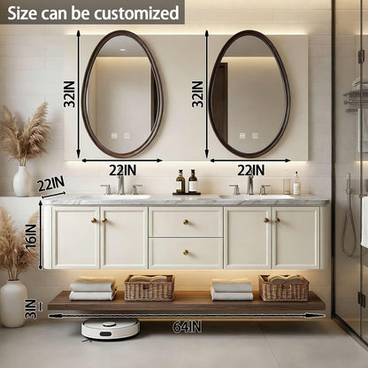 60”-84” Double Sink Floating Vanity with Oval LED Mirrors, Cream Cabinet & Marble Top
