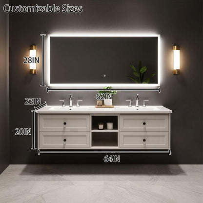 60"-96"White Floating Bathroom Vanity with Double Sinks & Large LED Lighted Mirror