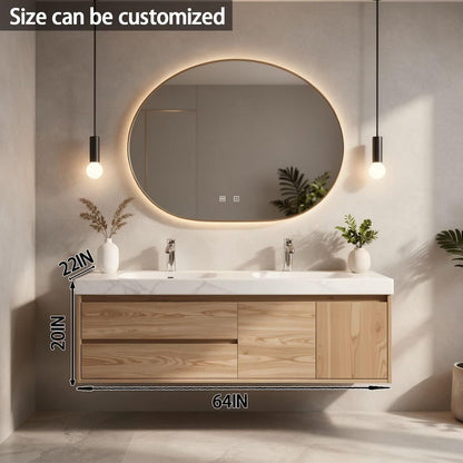 60”-84”Double Sink Floating Bathroom Vanity with Round LED Mirror, Light Oak Wood Cabinet