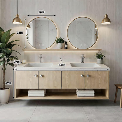 60"-96"Light Oak Floating Bathroom Vanity with Double Sinks & LED Mirrors