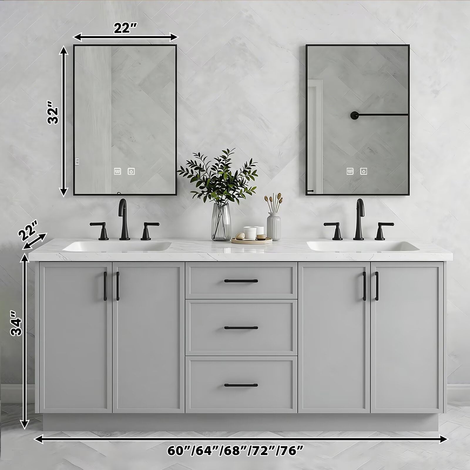 60”-96”Double Sink Freestanding Bathroom Vanity with 2 LED Mirrors, Gray Wood Vanity with Marble Top & Black Hardware