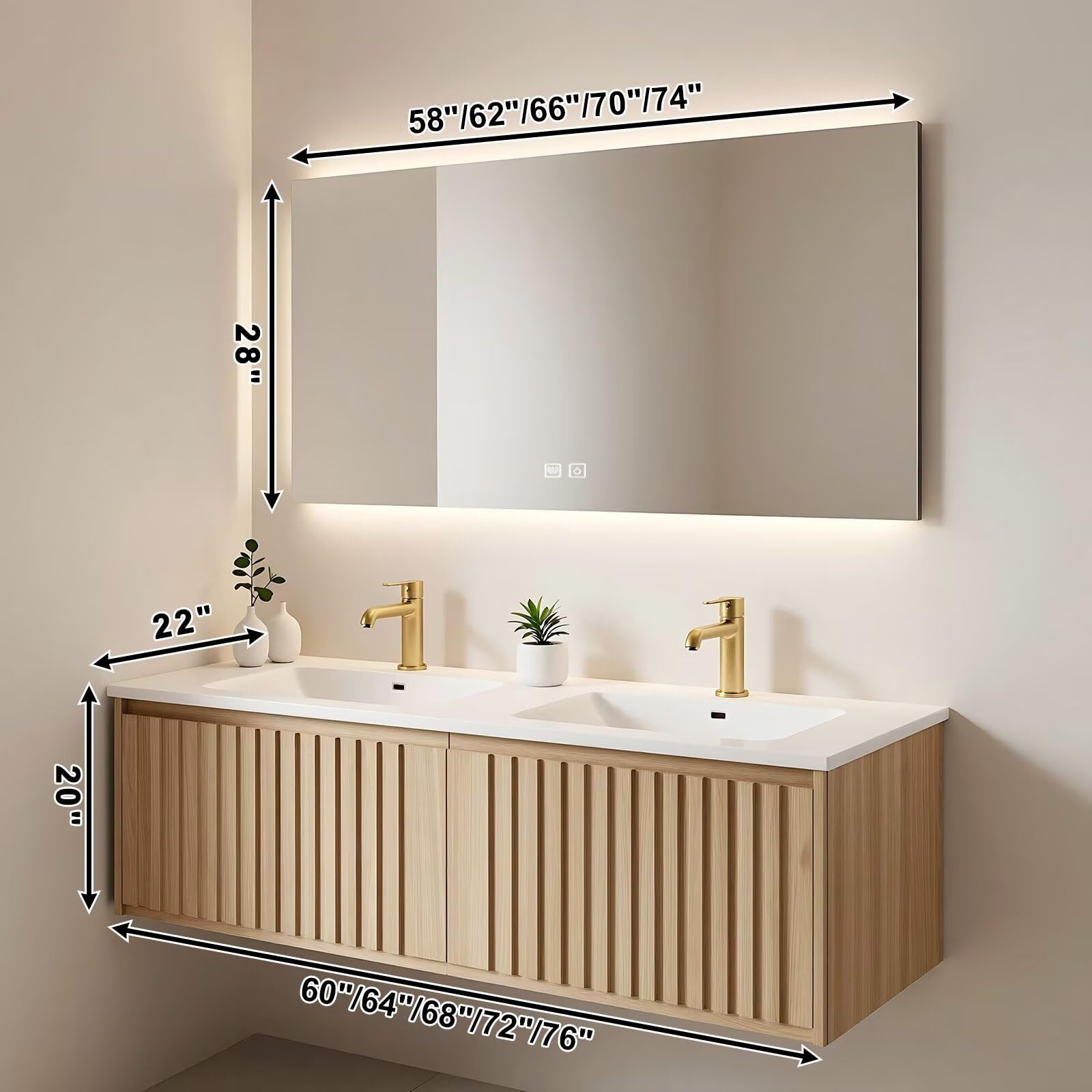 60”-84” Double Sink Floating Bathroom Vanity with LED Backlit Mirror, Wall Mounted Fluted Oak Vanity with White Top & Gold Faucets
