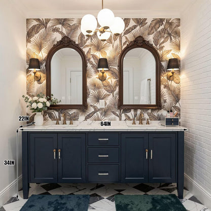 60”-96”Navy Blue Double Sink Bathroom Vanity with Marble Top & Arched Mirrors
