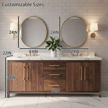 60"-96"Modern Walnut Bathroom Vanity with Double Sinks, Marble Top & Gold Hardware