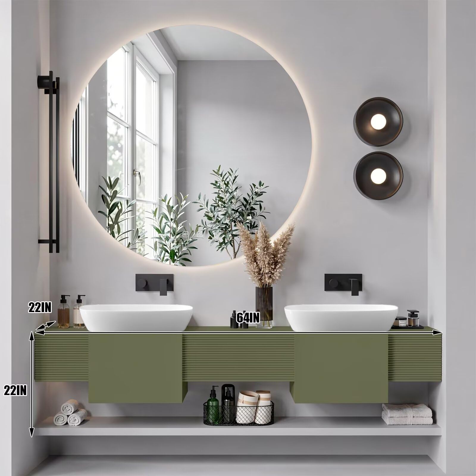 60"-96"Sage Green Floating Bathroom Vanity with Double Vessel Sinks & LED Round Mirror