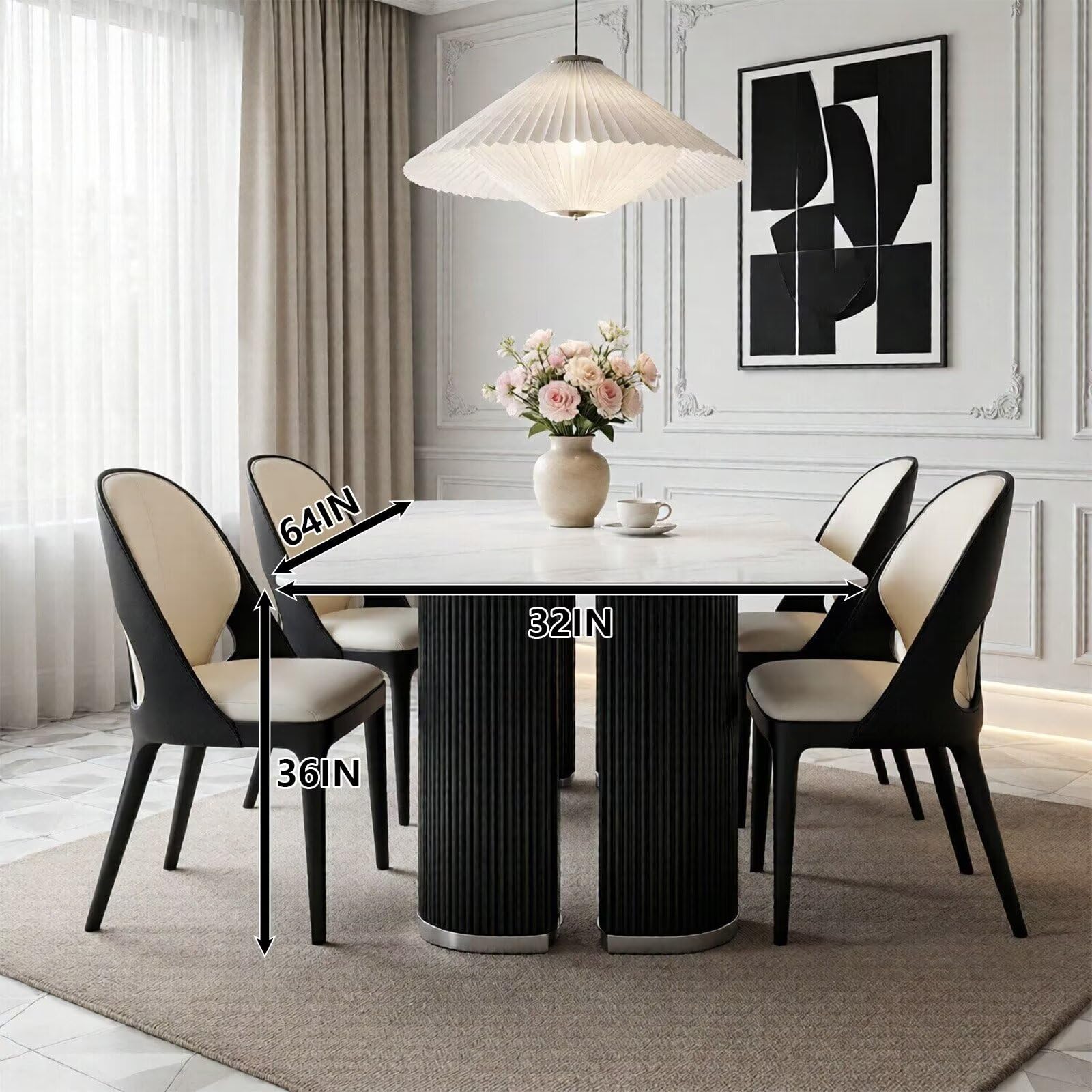 60"-80"White Marble Dining Table with Black Ribbed Base, Modern Rectangular Kitchen Table