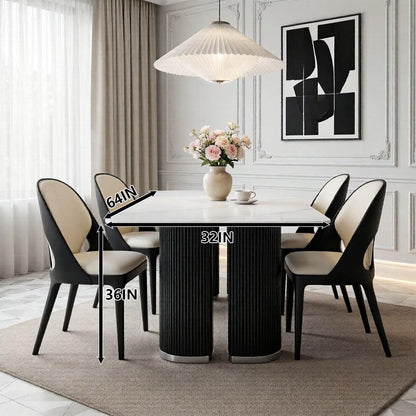 60"-80"White Marble Dining Table with Black Ribbed Base, Modern Rectangular Kitchen Table
