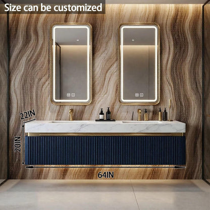 60"-84"Navy Blue Fluted Floating Bathroom Vanity with Marble Top & LED Lighted Mirror