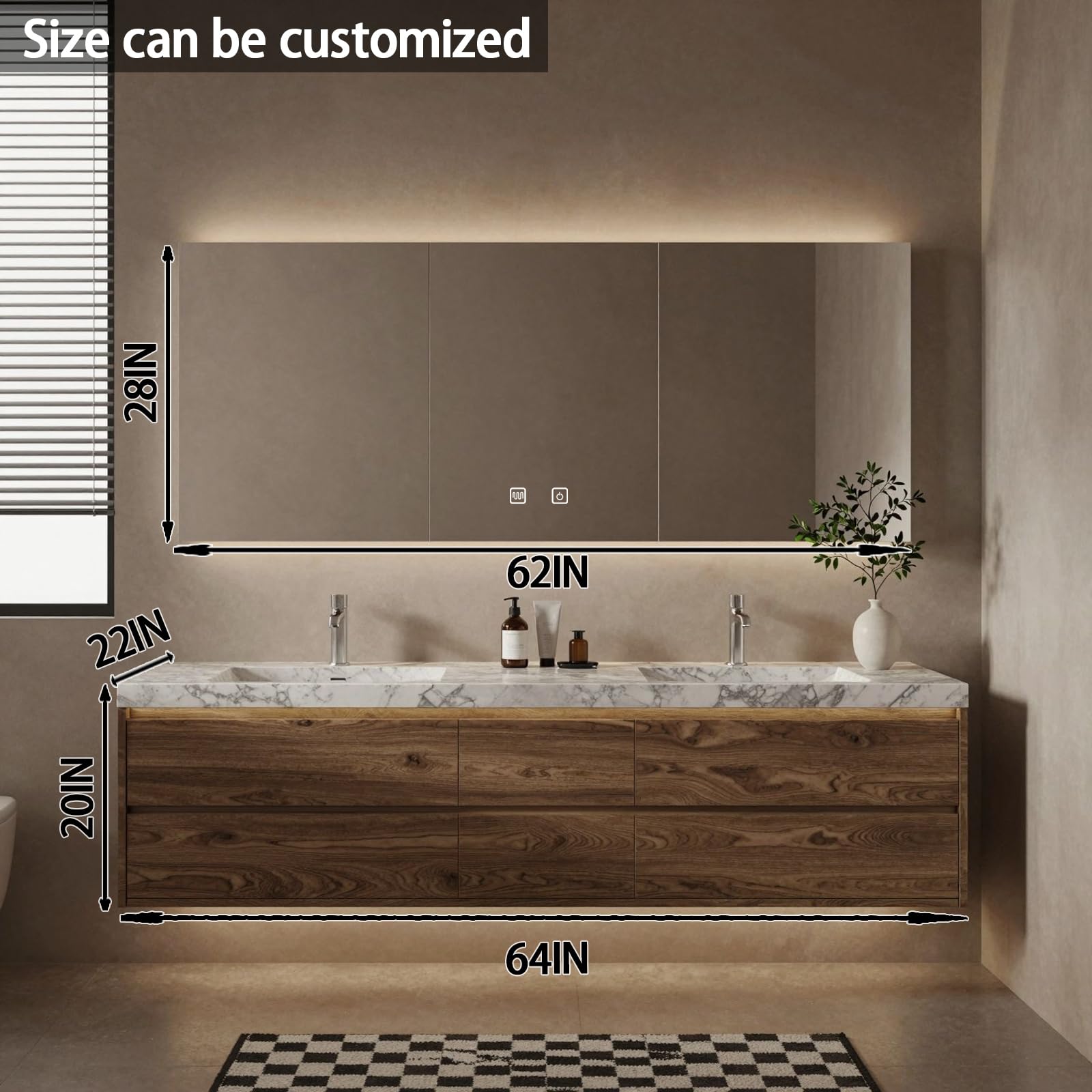 60"-84"Floating Walnut Bathroom Vanity with Marble Top & LED Medicine Cabinet,