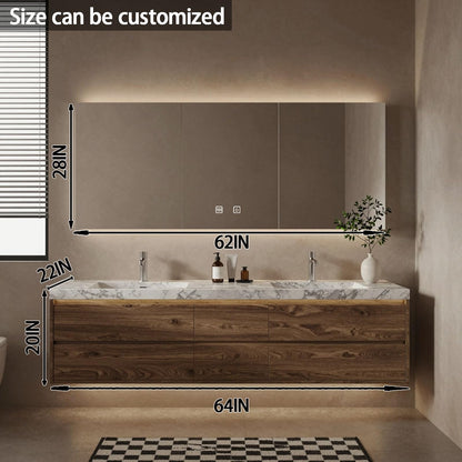 60"-84"Floating Walnut Bathroom Vanity with Marble Top & LED Medicine Cabinet,