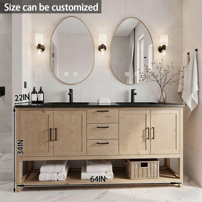 64"-96"Farmhouse Bathroom Vanity with Double Sinks & Oval LED Mirrors, Light Wood