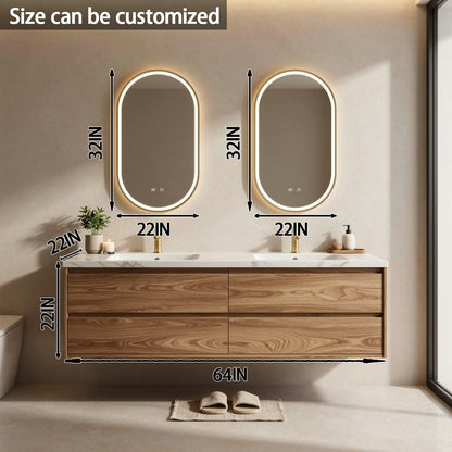 60"-84"Floating Oak Bathroom Vanity with Double Sinks & Oval LED Backlit Mirrors