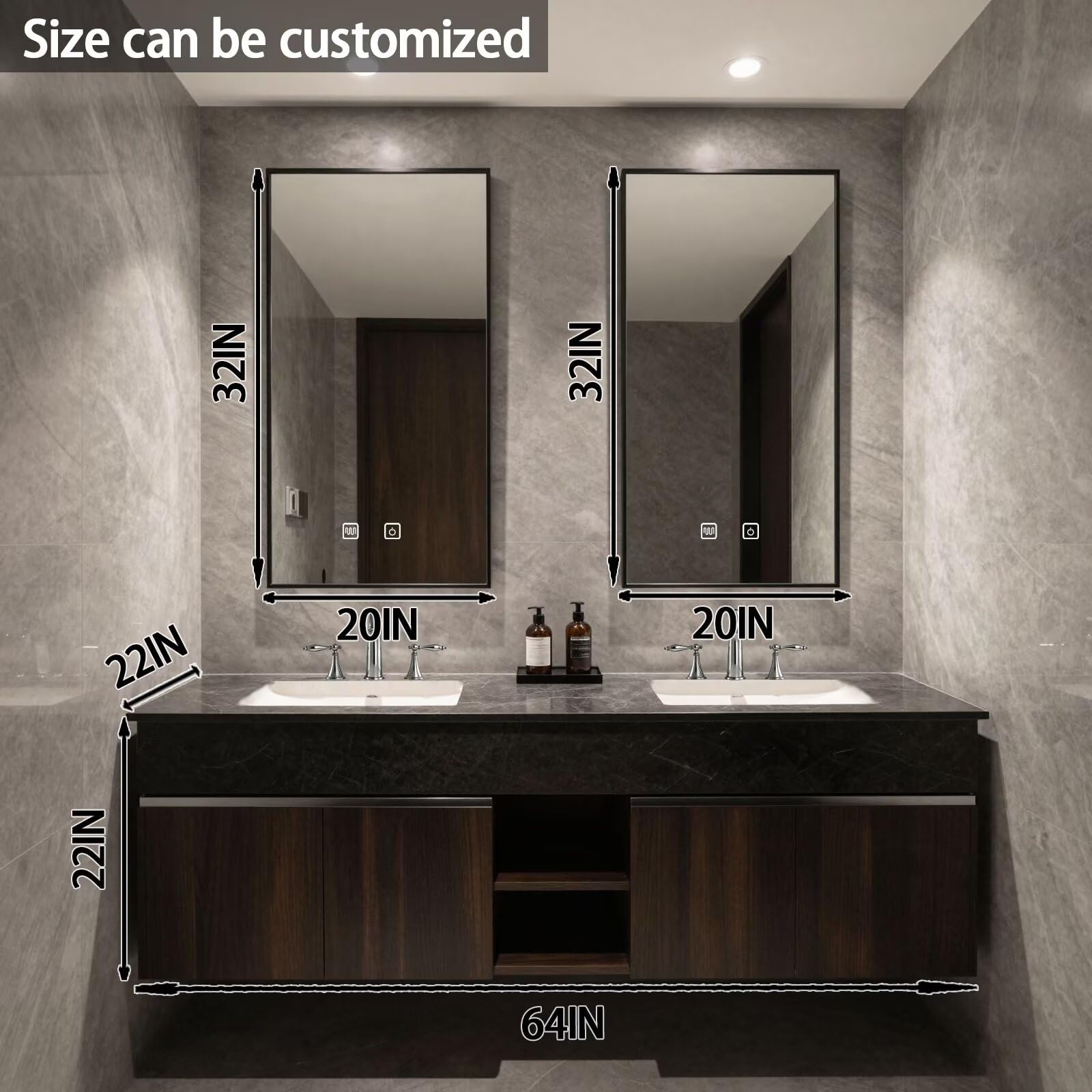 60"-84"Floating Dark Wood Bathroom Vanity with Marble Top & Dual LED Mirrors
