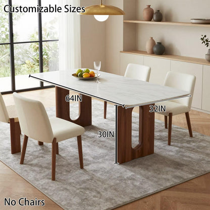 56"-96"Modern White Marble Top Dining Table, Rectangular Kitchen Table with Wood Base