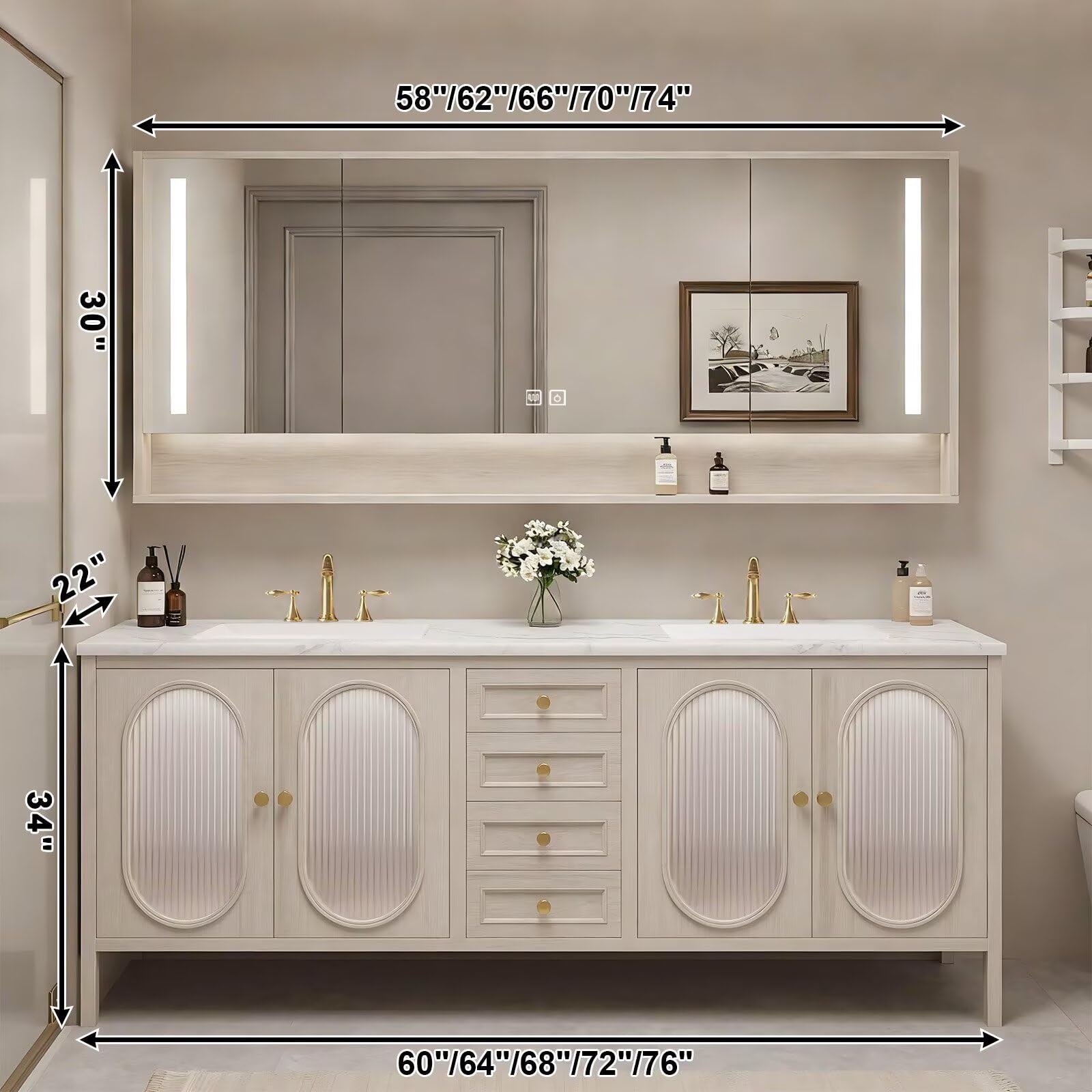 60”-84”Double Sink Bathroom Vanity with LED Mirrors, Wood Floating Cabinet with Marble Top, Modern French Country Style, Beige