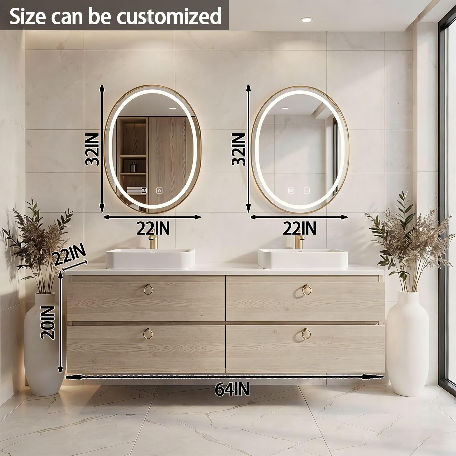 60”-84”Double Sink Floating Bathroom Vanity with LED Round Mirrors, Light Wood Cabinet & Gold Hardware