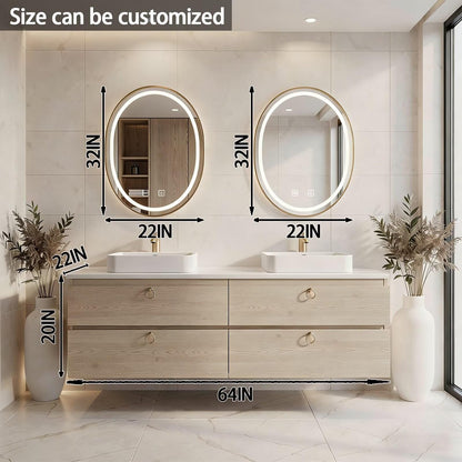 60”-84”Double Sink Floating Bathroom Vanity with LED Round Mirrors, Light Wood Cabinet & Gold Hardware