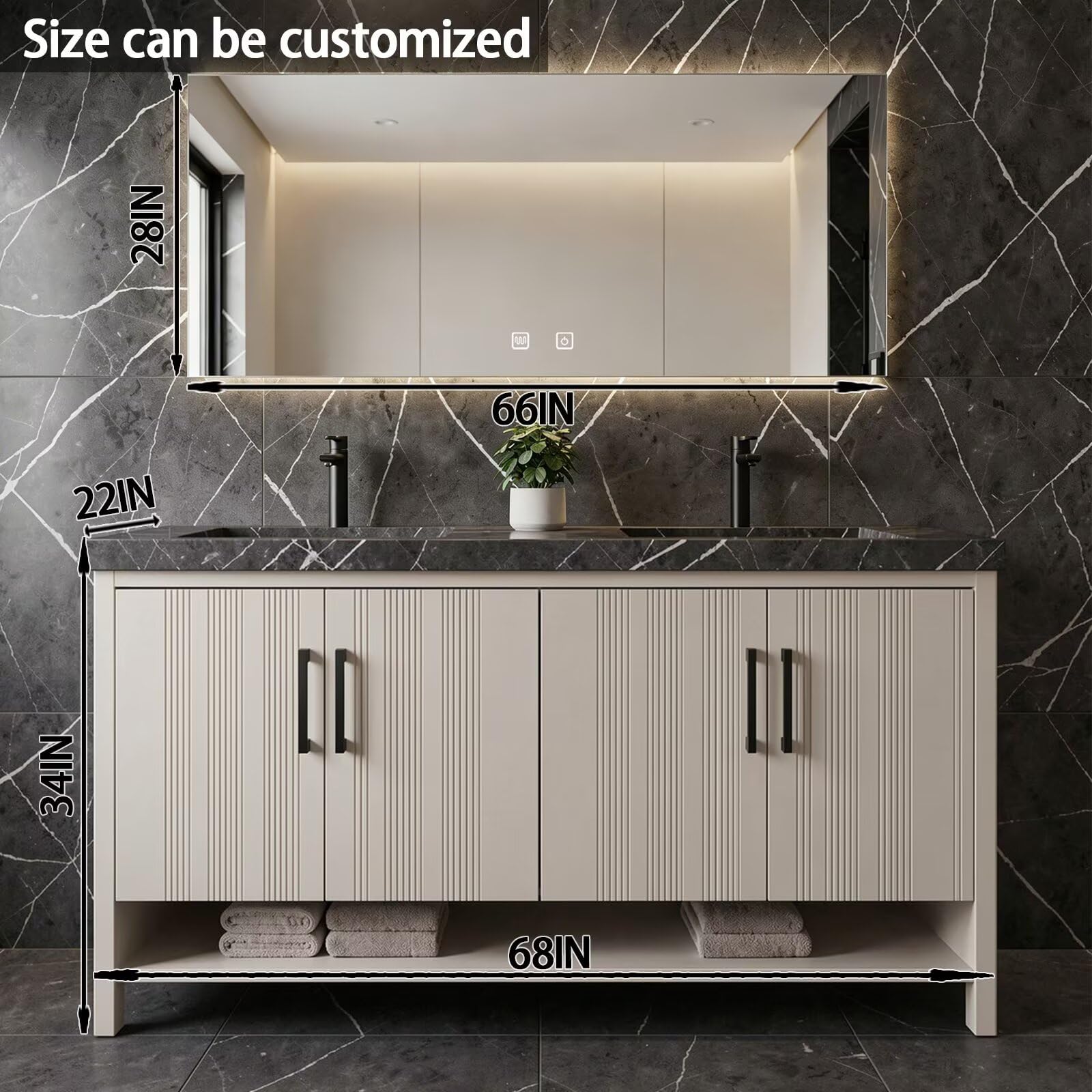 60”-78” Double Vanity, Fluted Panel Cabinet with LED Backlit Mirror, Light Gray
