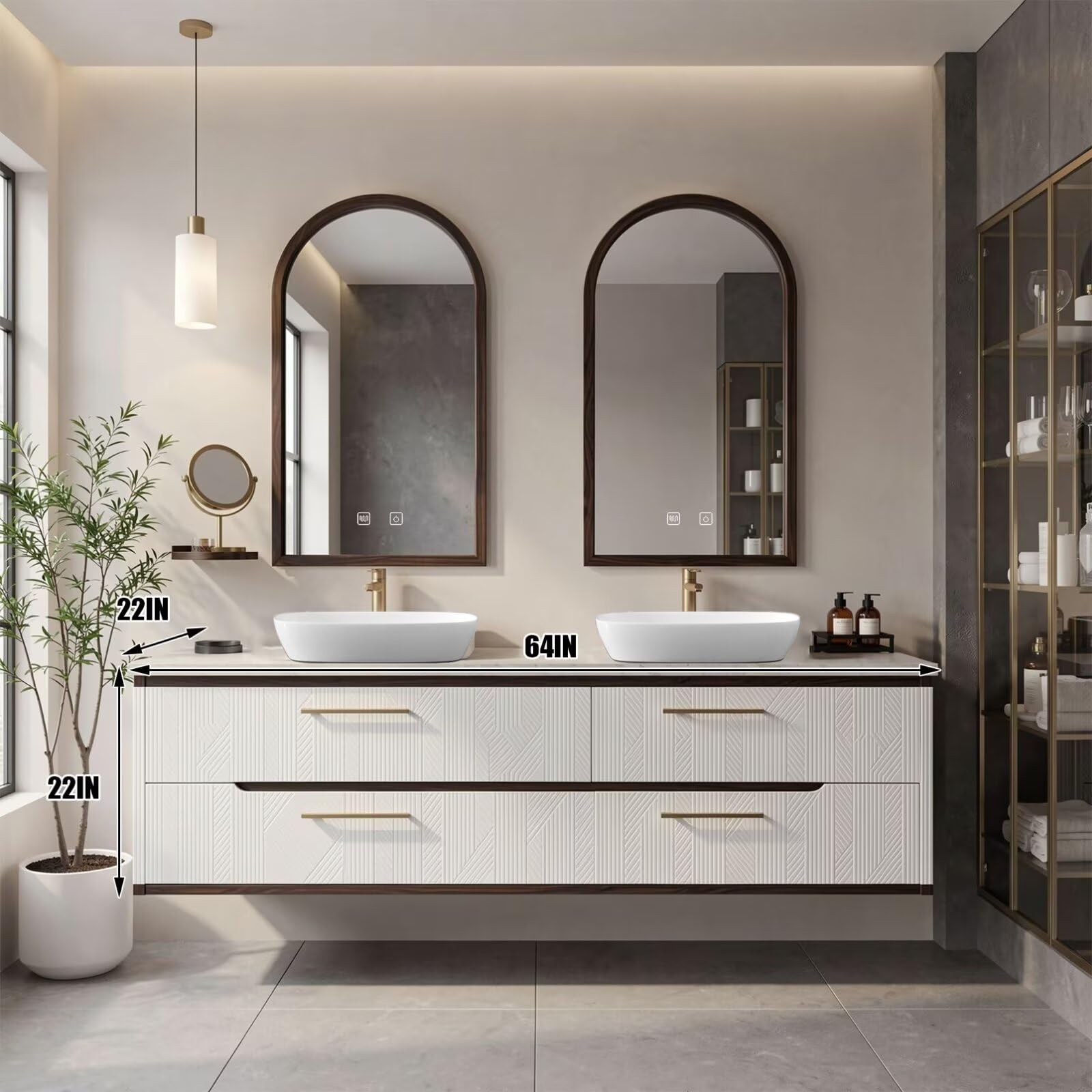 60"-96"White Floating Bathroom Vanity with Double Vessel Sinks & Arched LED Mirrors