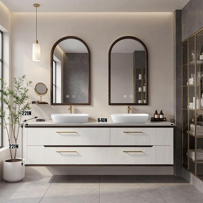 60"-96"White Floating Bathroom Vanity with Double Vessel Sinks & Arched LED Mirrors