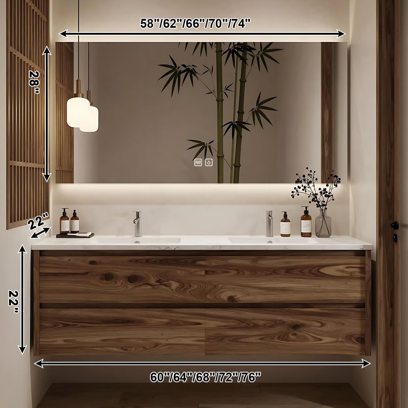 60”-84”Floating Double Sink Bathroom Vanity with LED Backlit Mirror, Wall Mounted Walnut Wood Vanity with Marble Top & Storage Drawers
