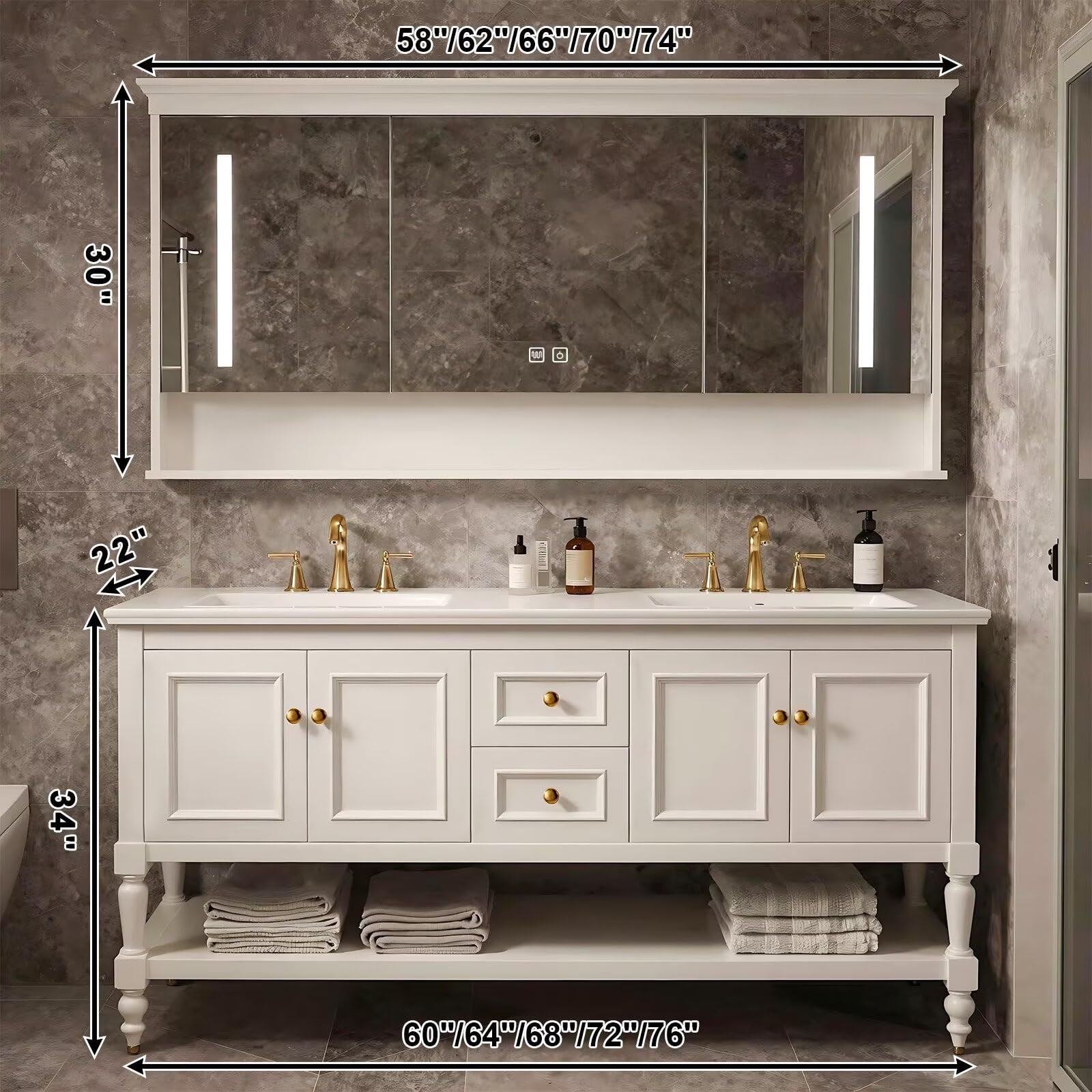 60”-84”Double Sink Freestanding Bathroom Vanity, White Shaker Cabinet with Gold Hardware