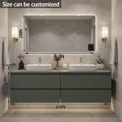60”-84”Modern Double Sink Bathroom Vanity with LED Mirror, Green Floating Cabinet