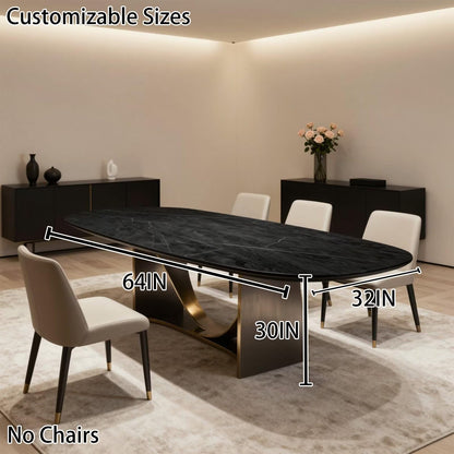56"-96"Luxury Black Marble Oval Dining Table, Contemporary Table with Gold Metal Legs