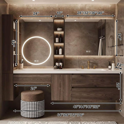 64”-88”Single Sink Floating Bathroom Vanity, Dark Wood Cabinet with Round LED Mirror