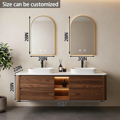 60”-84”Double Sink Floating Bathroom Vanity with Gold Arch LED Mirrors, Walnut Wood Cabinet