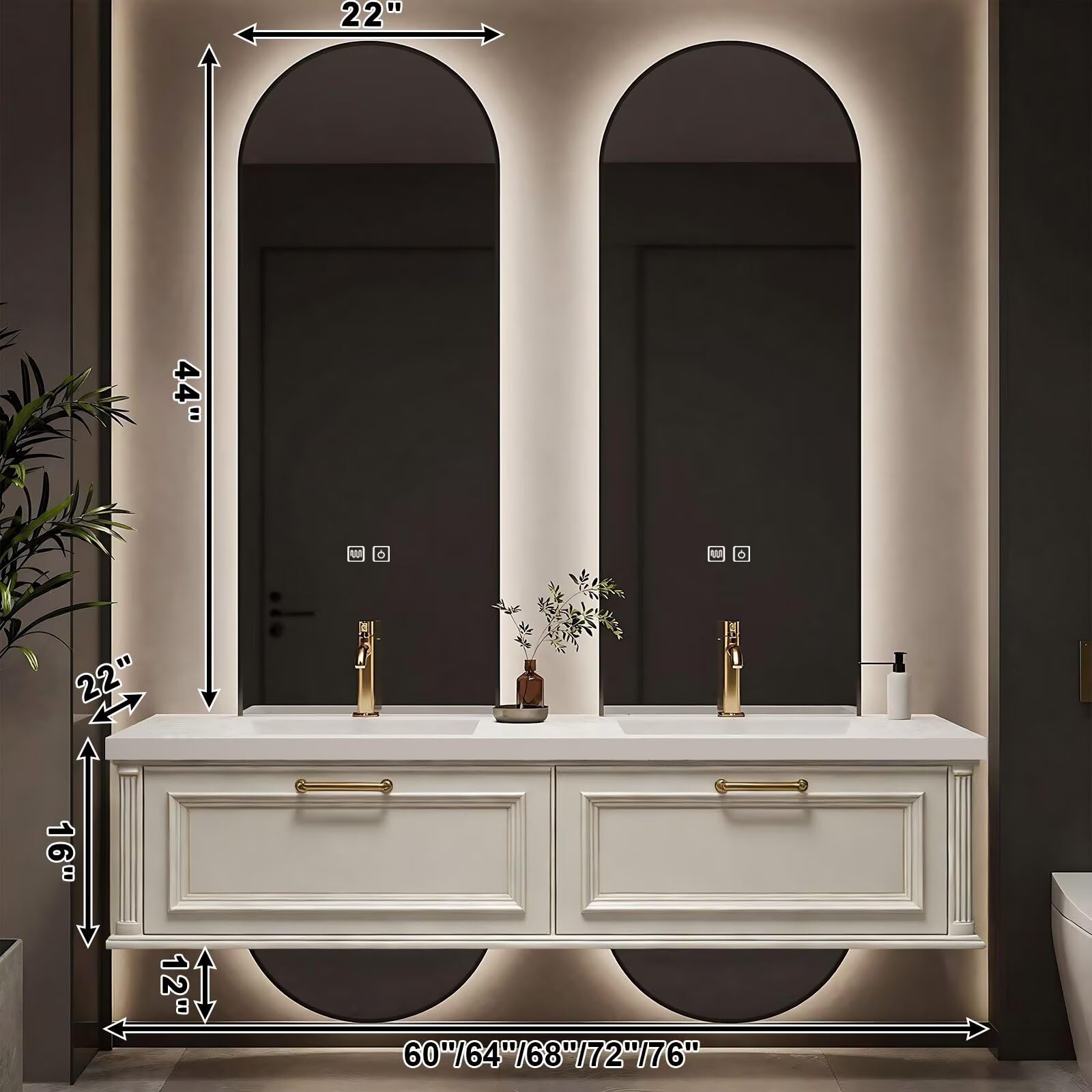 60”-84”Floating Double Sink Bathroom Vanity with LED Arch Mirrors, Wall Mounted Cream White Vanity with Gold Handles, Modern Bathroom Cabinet