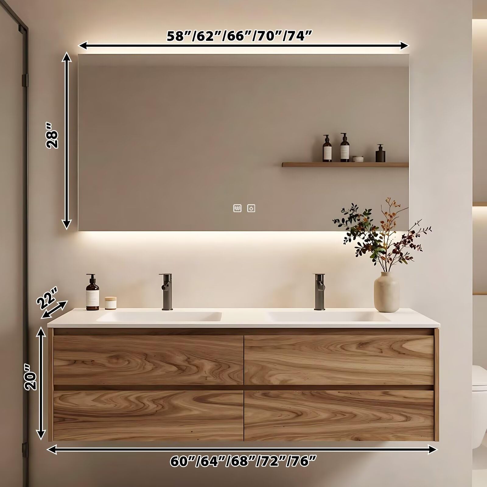 60”-84” Double Sink Floating Bathroom Vanity with LED Backlit Mirror, Wall Mounted Walnut Vanity with White Top & Storage