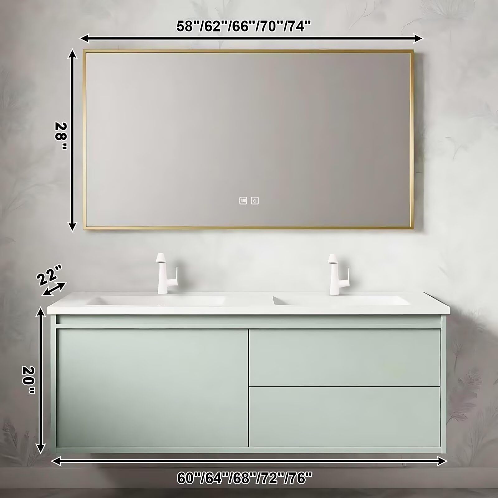 60”-84”Double Sink Floating Bathroom Vanity, Sage Green Cabinet with Gold Framed LED Mirror