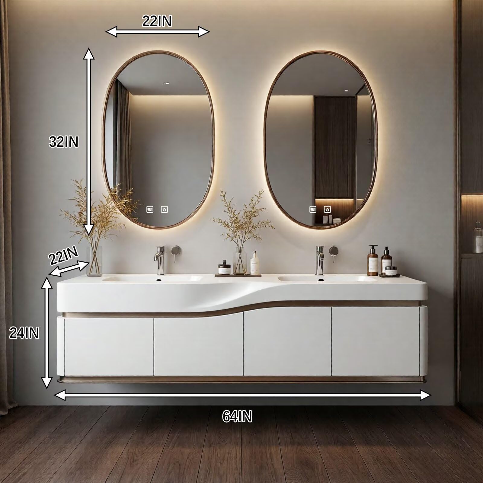 60”-96”Sleek White Bathroom Vanity with Backlit LED Mirrors, Integrated Double Sinks & Gold Trim