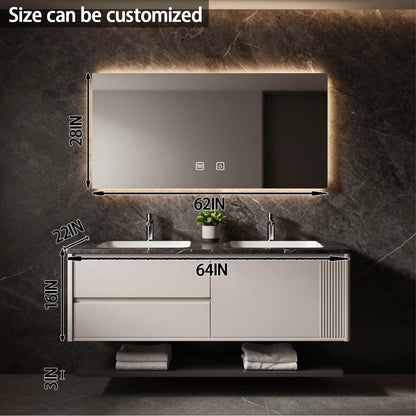 60”-84” Double Floating Vanity, Light Beige Cabinet with LED Backlit Mirror