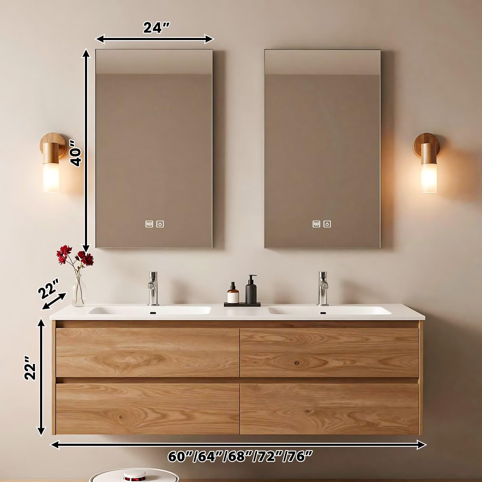 60”-84”Double Sink Floating Bathroom Vanity with 2 LED Mirrors, Light Oak Wall Mounted Vanity with White Top