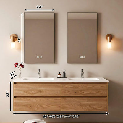 60”-84”Double Sink Floating Bathroom Vanity with 2 LED Mirrors, Light Oak Wall Mounted Vanity with White Top