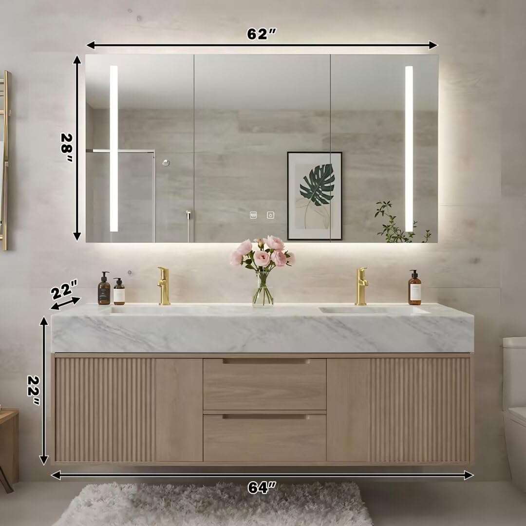 60"-84"Modern Light Oak Floating Bathroom Vanity with Double Sinks & Marble Top