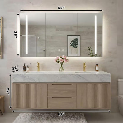 60"-84"Modern Light Oak Floating Bathroom Vanity with Double Sinks & Marble Top