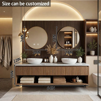 60"-84"Floating Oak Bathroom Vanity with Double Vessel Sinks & LED Round Mirrors