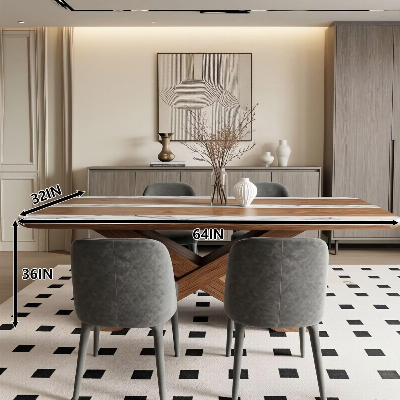 60"-80"Modern Farmhouse Dining Table with Walnut Wood & White Marble Striped Top, 6-Seater