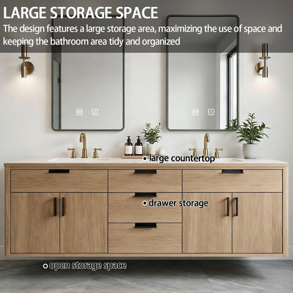 64”-80”Double Floating Vanity, Light Wood Cabinet with Black Trim & Gold Brass Hardware