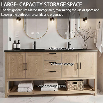 64"-96"Farmhouse Bathroom Vanity with Double Sinks & Oval LED Mirrors, Light Wood