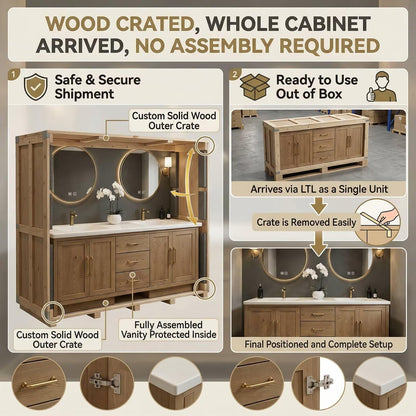 64"-96"Modern Oak Bathroom Vanity Set with Gold Hardware & White Top