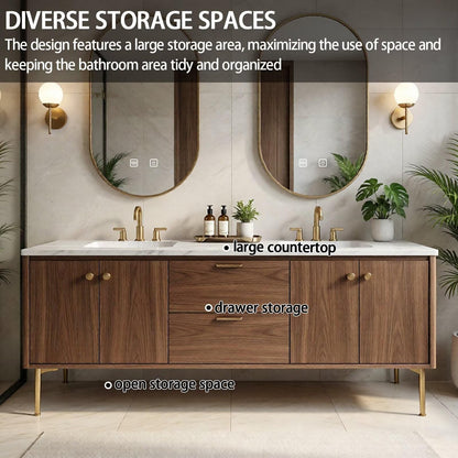 64"-84"Modern Walnut Bathroom Vanity Set with Marble Top & Gold Legs