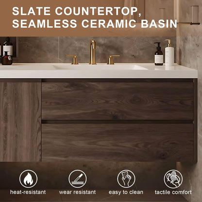 64”-88”Single Sink Floating Bathroom Vanity, Dark Wood Cabinet with Round LED Mirror