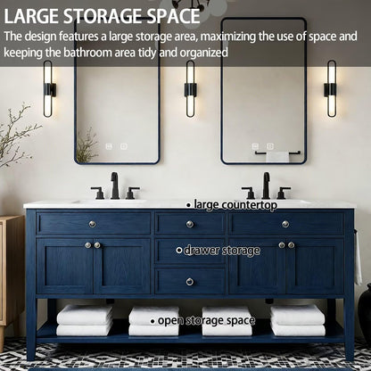 64"-96"Navy Blue Freestanding Bathroom Vanity with Double Sinks & White Marble Top