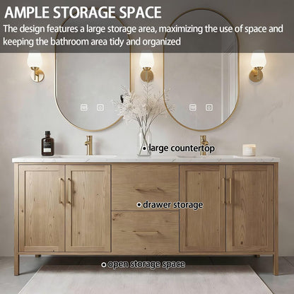 64”-96”Double Sink Freestanding Bathroom Vanity with Gold Oval Mirrors, Light Oak Cabinet