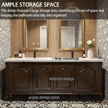 64"-96"Freestanding Bathroom Vanity with Double Sinks & Classic Carved Cabinet, Dark Walnut