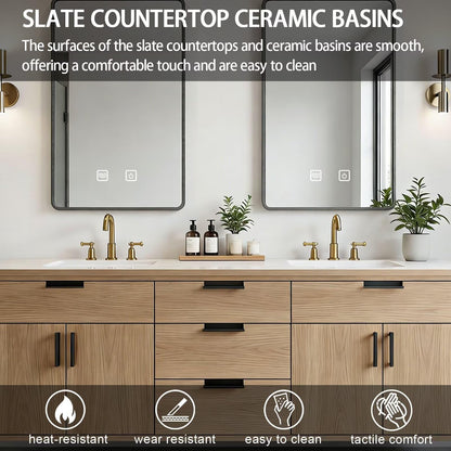 64”-80”Double Floating Vanity, Light Wood Cabinet with Black Trim & Gold Brass Hardware